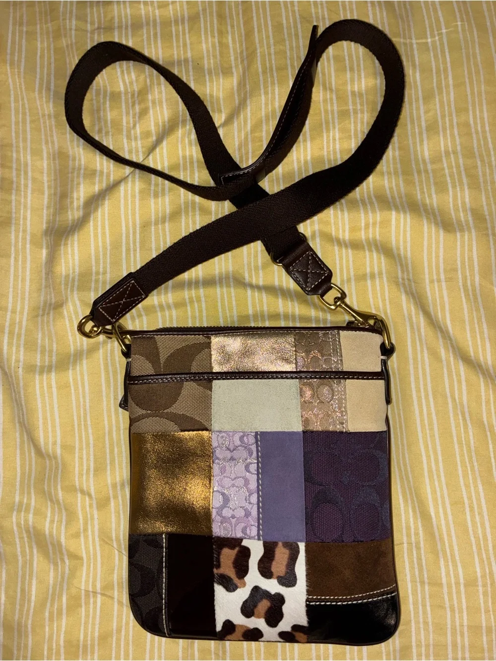 Coach Teal Crossbody with Metallic & Neutral Patchwork Front